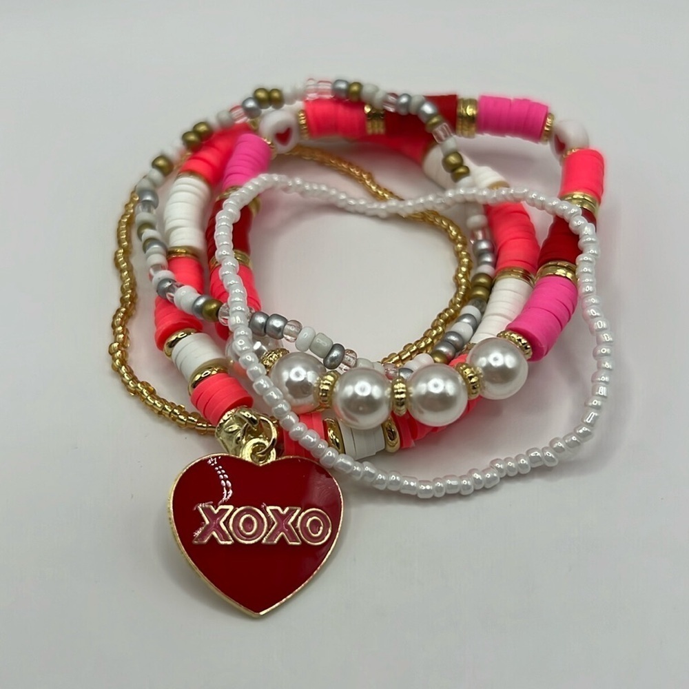 5PC XOXO Charm Pink and Red Bracelet Stack